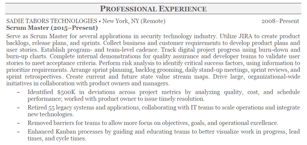 Scrum Master Resume Example - professional experience
